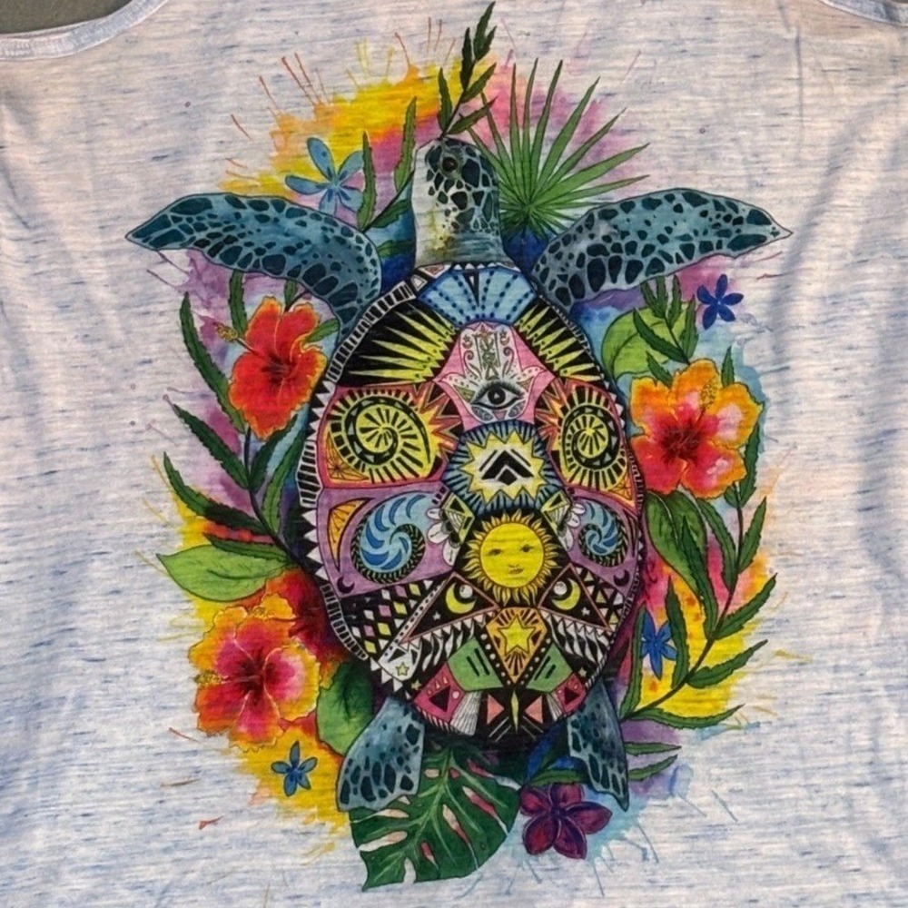 Electro Threads Sea Turtle Graphic Racerback Tank Top Large Light Blue Boho